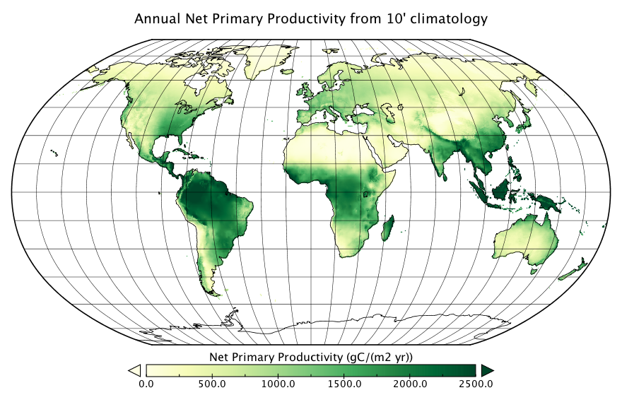 Annual Net Primary Productivity from 10' climatology temperature and precipitation